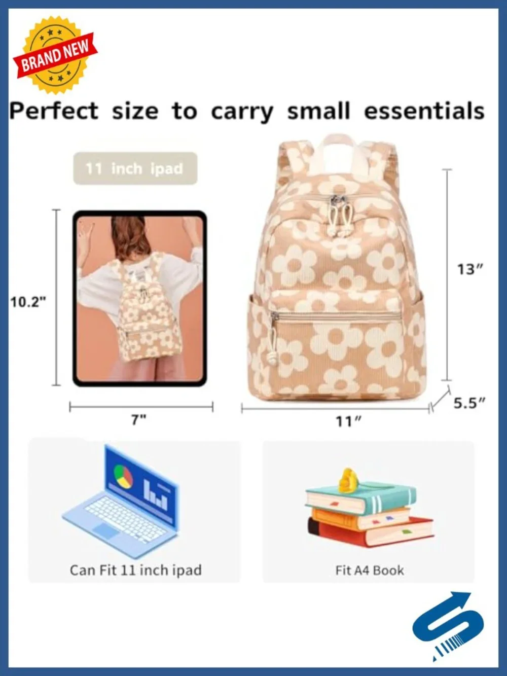 Mini Corduroy Floral Backpack Purse for Girls Women School Bookbag